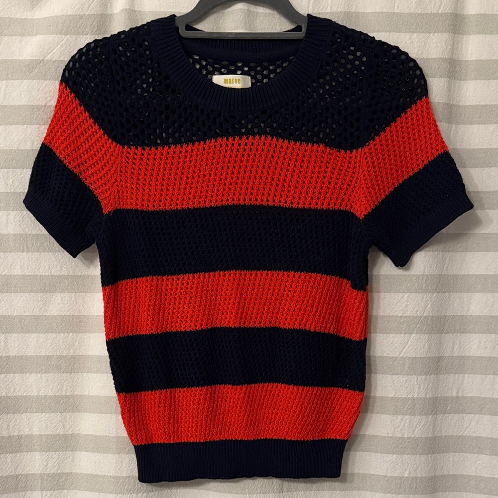 Euc Maeve navy and tomato red Crewneck open weave Sweater, sz XS